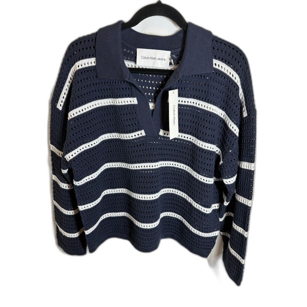 Calvin Klein Jeans Women’s L Navy White Striped Open Knit Polo Sweater 100% Cott